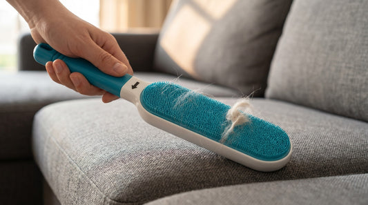 Reusable pet hair brush removing embedded fur from gray couch cushion