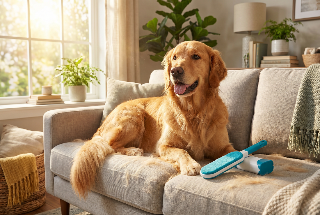Golden retriever shedding on gray sofa in spring with Allistar reusable lint brush nearby