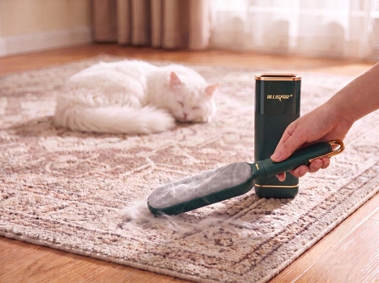Forest Green Allistar brush removing cat hair from an area rug