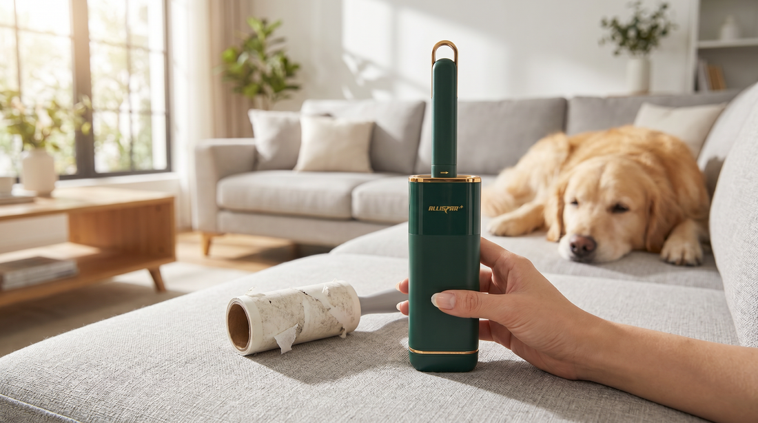 Allistar reusable lint brush held next to a used disposable lint roller on a gray couch with a golden retriever resting in the background
