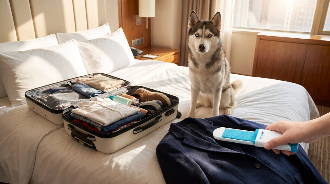 Siberian Husky sitting on a hotel bed next to an open suitcase while a hand uses an Allistar Sky Blue travel lint brush on a navy jacket