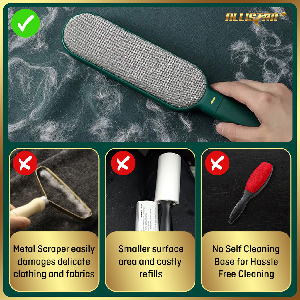 Lint and pet hair remover that will not damage fabrics like a metal scraper. Cleans a larger surface area and comes with a self cleaning base eliminating manual cleaning.