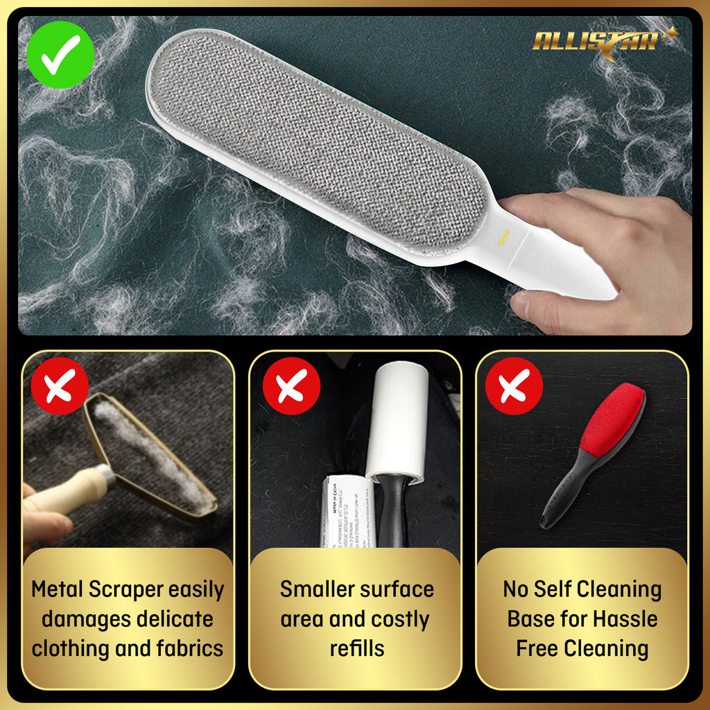 Lint brush that will not damage delicate clothing or fabrics. Saves money since no refills are required. Self cleaning base eliminated manual removal of fur and lint.