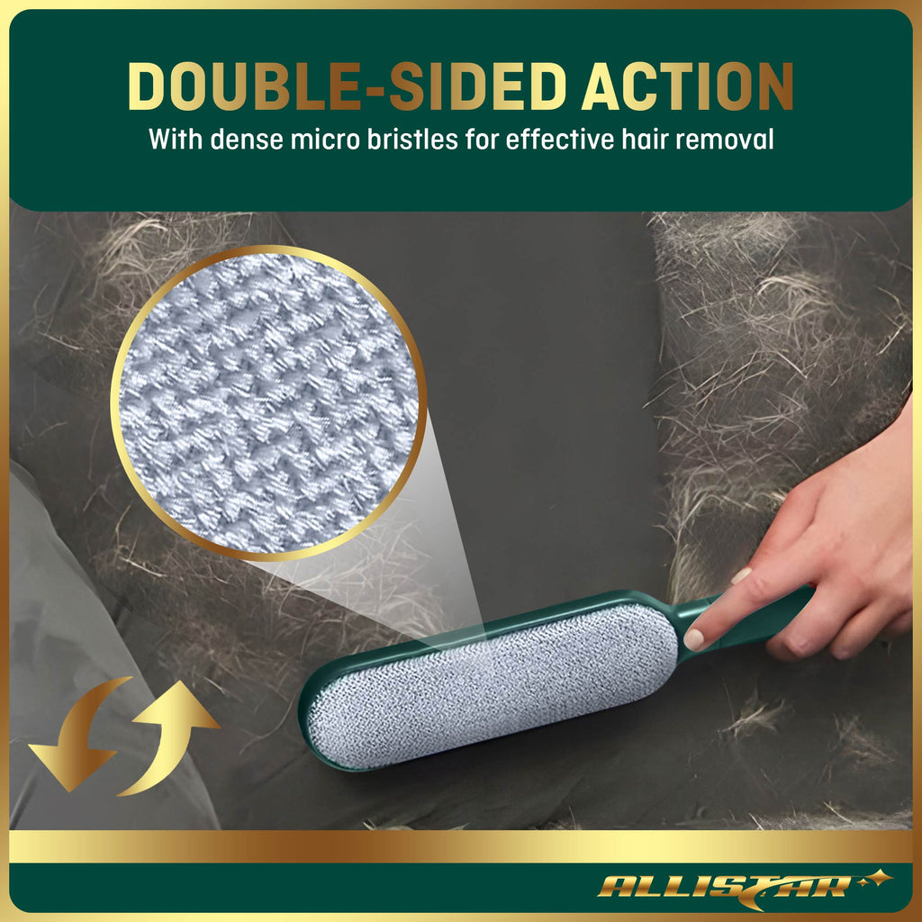 Hair removal brush with dense micro bristles on a dark surface, featuring Allistar branding.