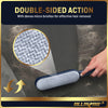 Pet hair removal brush with dense micro bristles, showing close-up of bristle texture and hair removal action. Double sided for faster removal of fur and lint