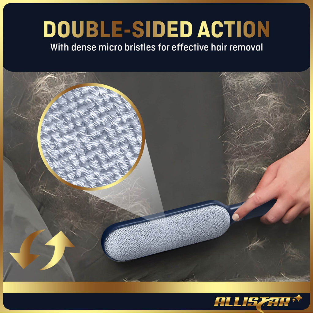 Pet hair removal brush with dense micro bristles, showing close-up of bristle texture and hair removal action. Double sided for faster removal of fur and lint