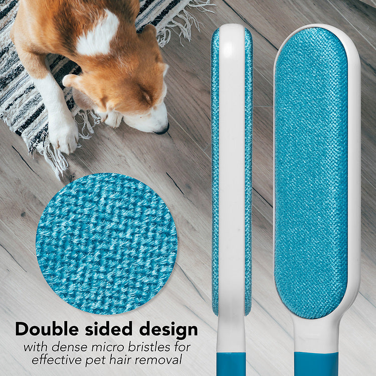 Double sided lint brush design allows for faster removal of unwanted pet hair and lint