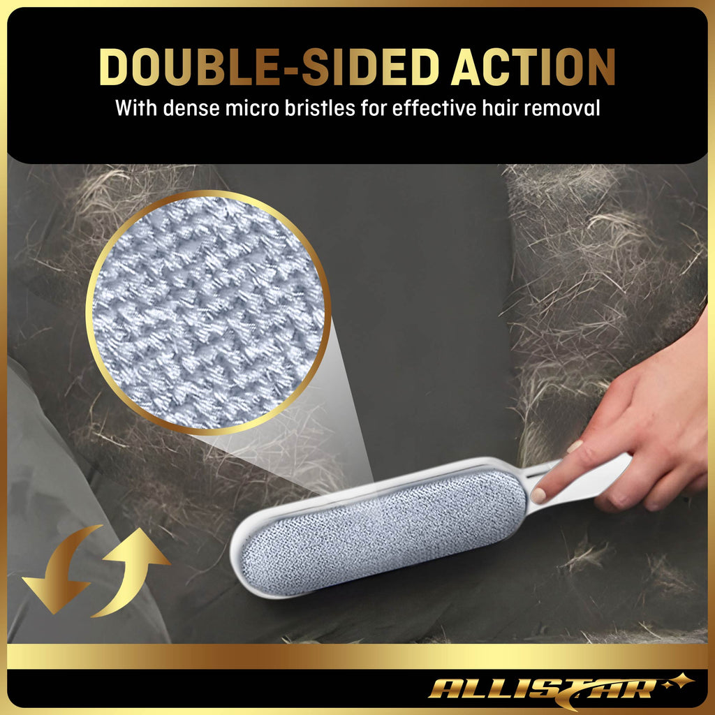 Pet hair and lint removal brush with dense micro bristles and visible hair removal action, featuring Allistar brand.