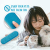Woman holding two cats with a blue pet hair removal tool and text 'Enjoy your pets not their fur' on a light background.