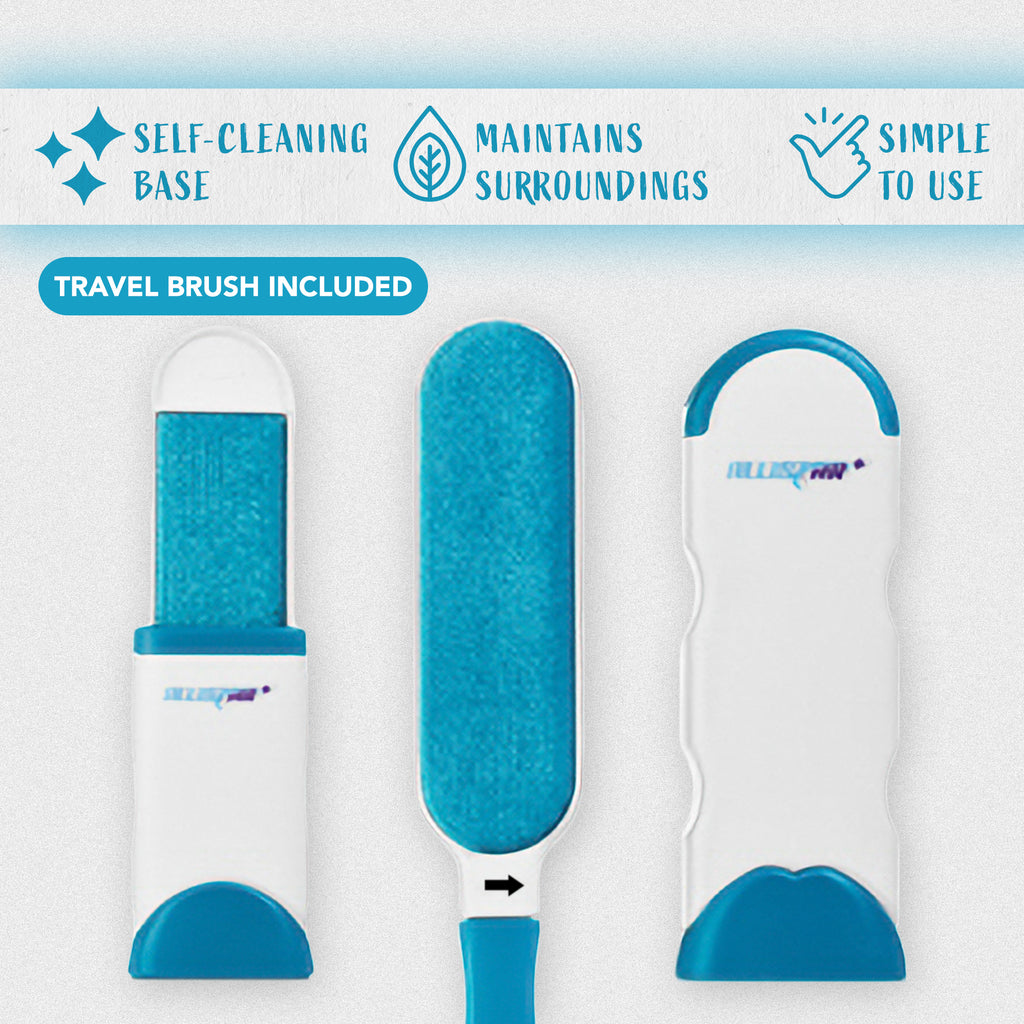 100% reusable lint brush hat includes a selfcleaning base as well as a travel brush accessory