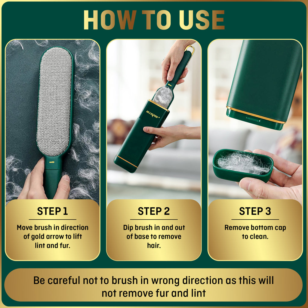 Detailed instructions on how to use the reusable lint brush with self cleaning base