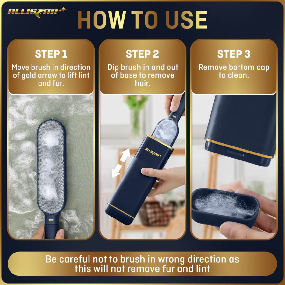 Detailed instructions on how to use reusable lint brush with self cleaning base