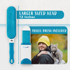 Lint brush and pet hair removal tool showing a 12 inch brush size and travel brush, featuring a person and cat on a white background.