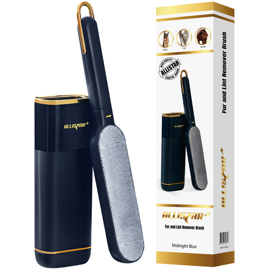 Lint brush and lint remover with self cleaning base in midnight blue color.