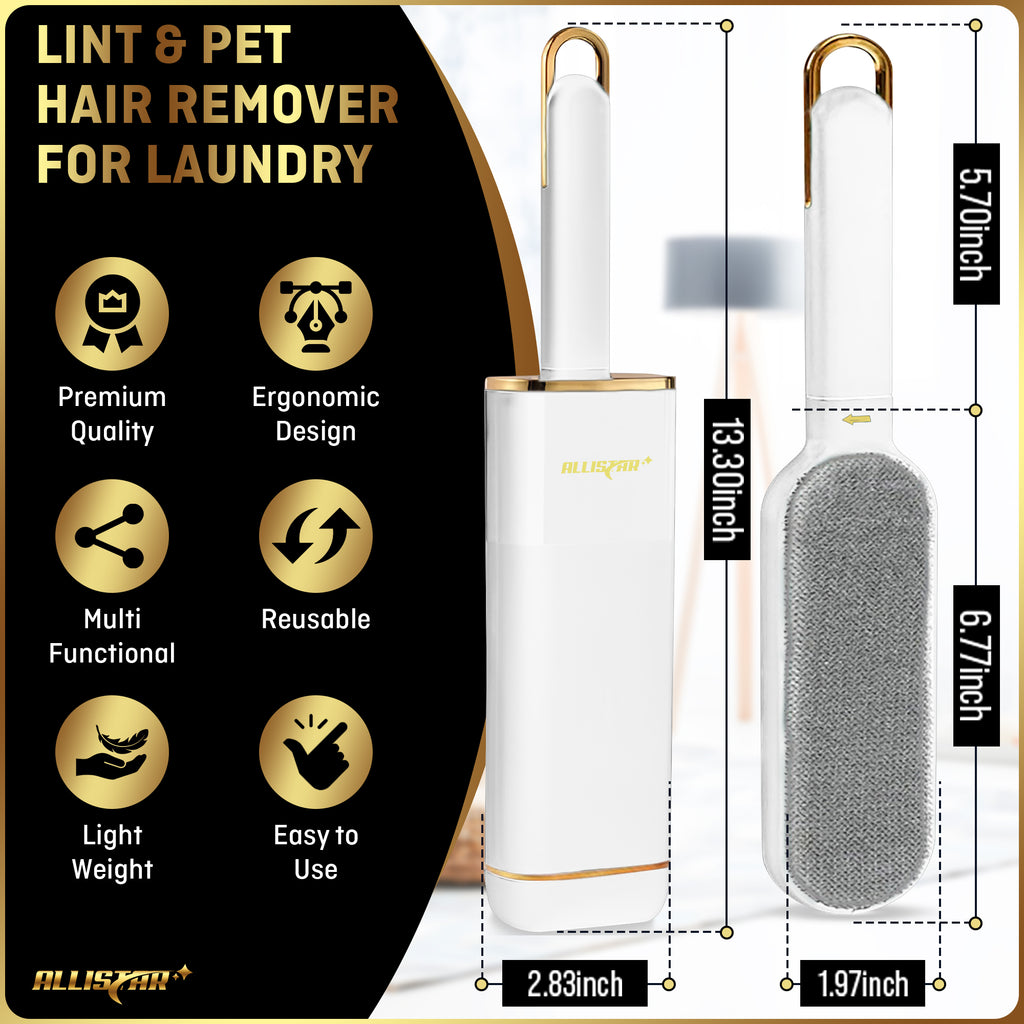 Eco-Friendly Lint and pet hair remover for laundry features ergonomic and lightweight design and dimensions displayed.