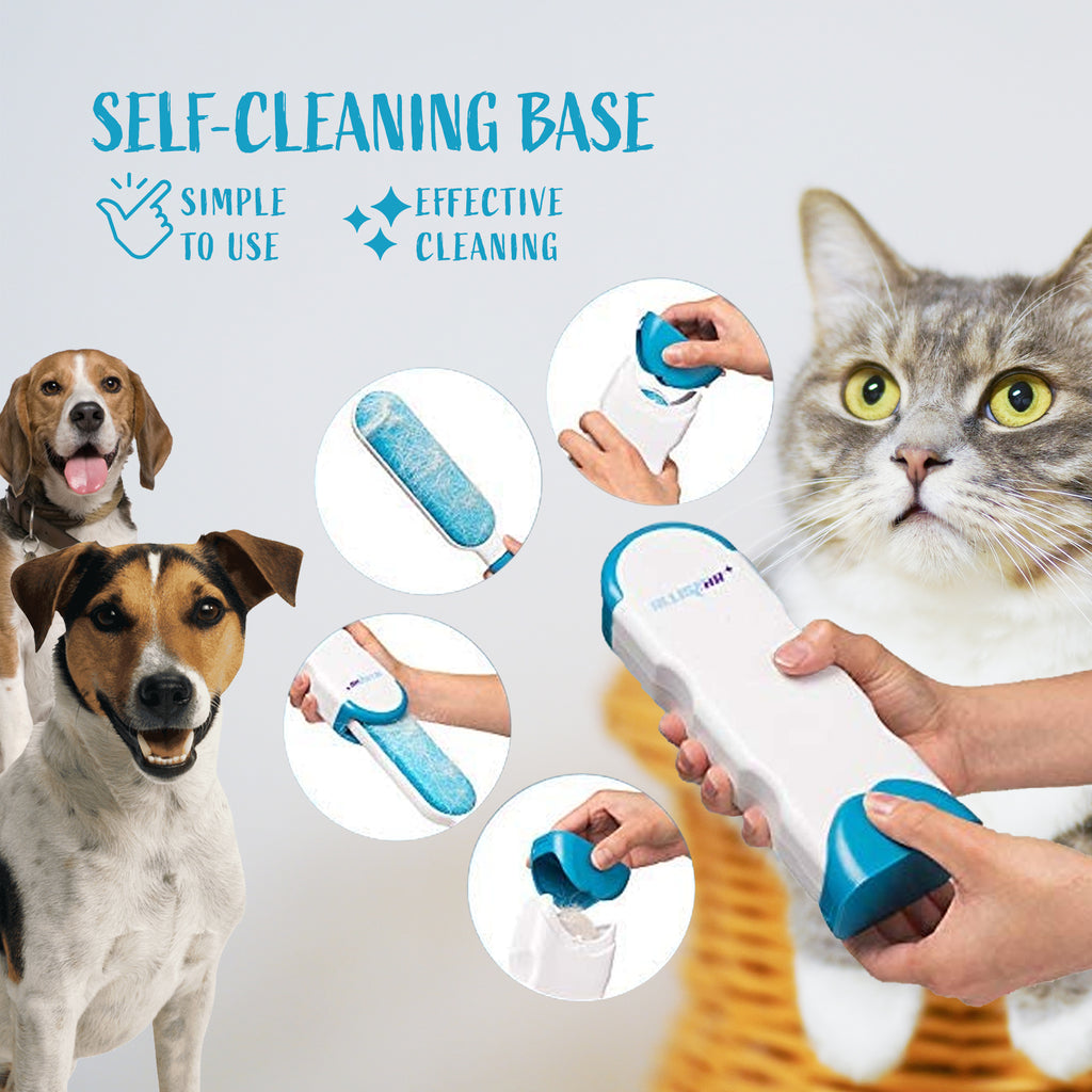 The lint brush comes with a self cleaning base eliminating manual removal of pet fur and lint