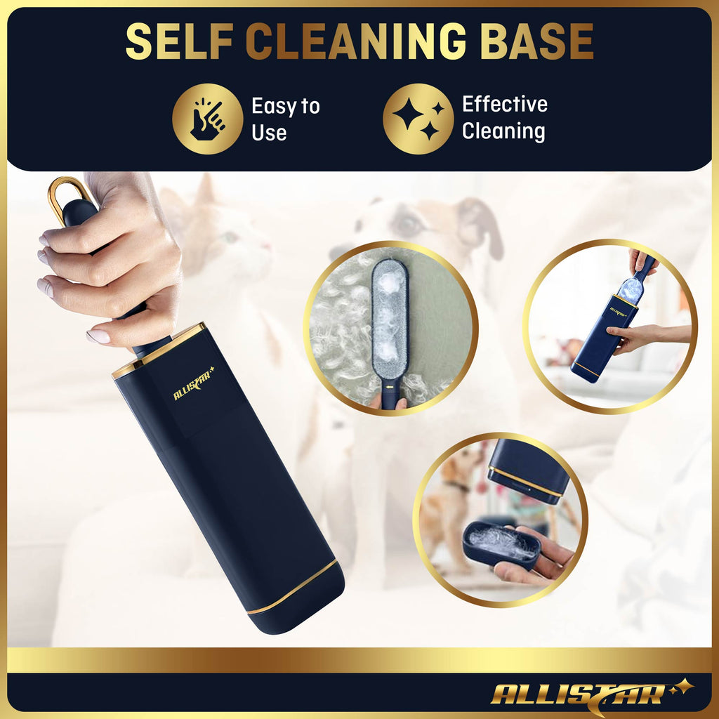 Allistar pet hair removal tool with a self cleaning base showing ease of use and effectiveness.